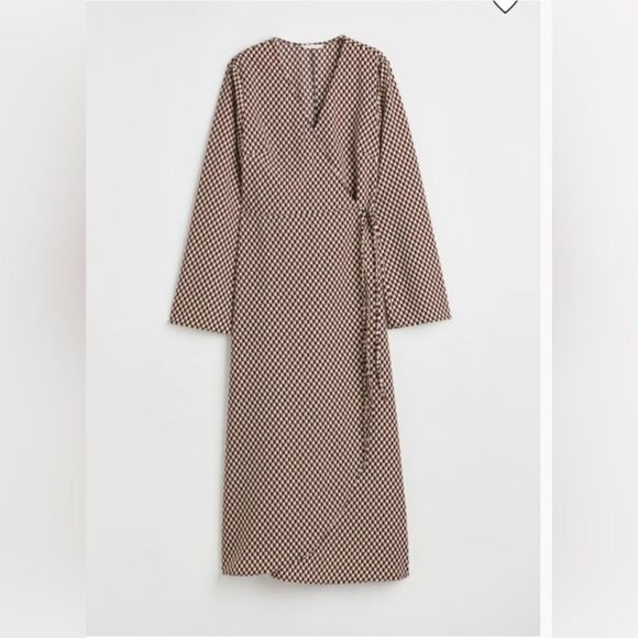 H&M Crepe checkered long sleeve wrap Midi Belted dress Beige Brown Size XS - Picture 2 of 12